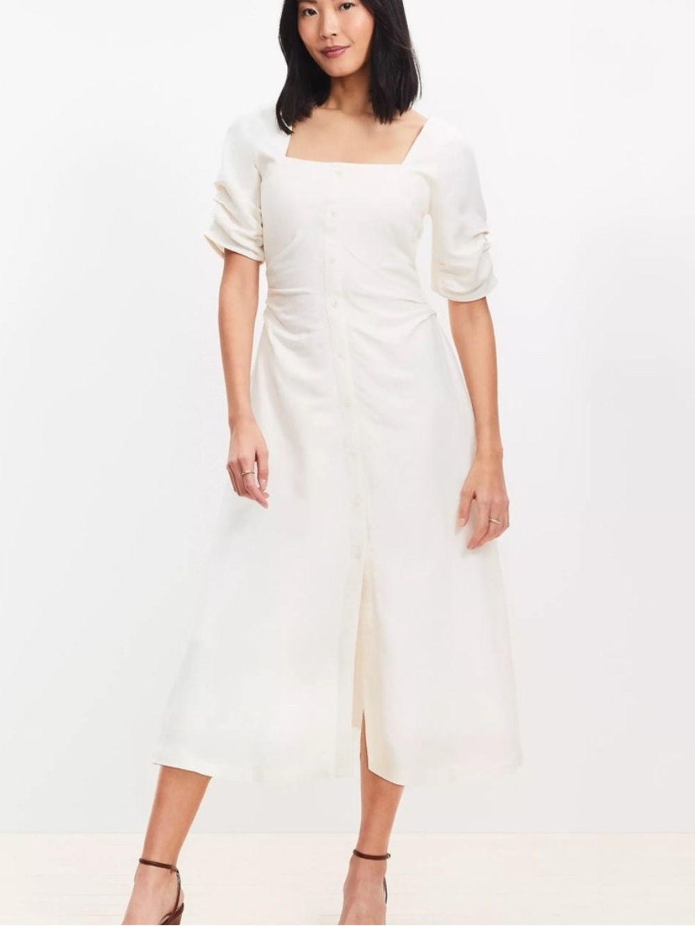 LOFT Shirred Linen Blend Button Midi Dress Ivory Size 4 NWT